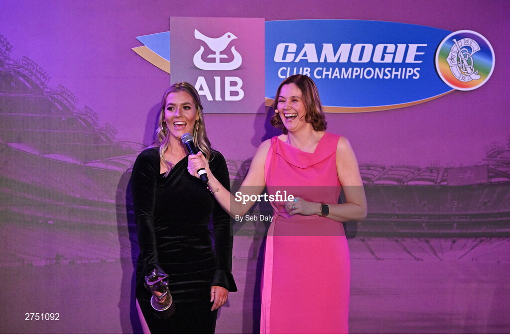 2 March 2024; 2023 AIB Camogie Club Player of the Year Aoife Prendergast of Dicksboro, Kilkenny, is interviewed by Host and MC Grainne McElwain during the AIB Camogie Club Player Awards at Croke Park in Dublin. Photo by Seb Daly/Sportsfile
