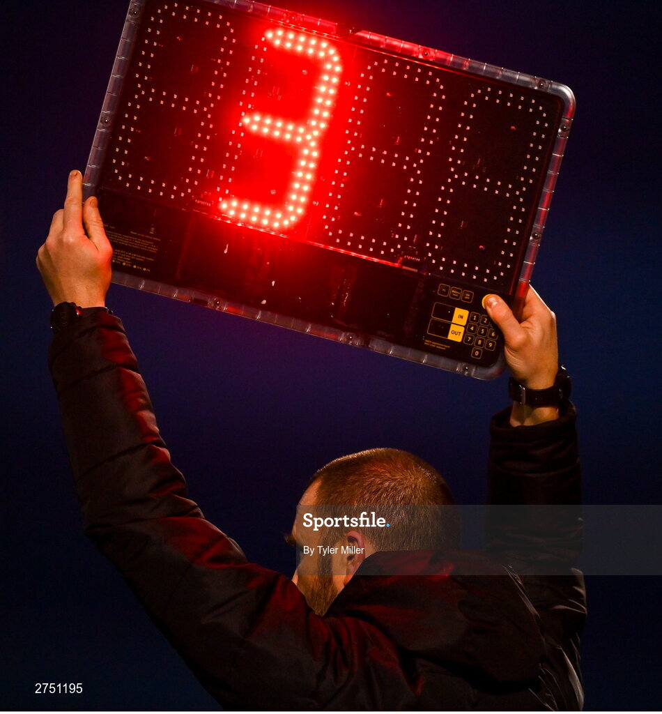 2 March 2024; Fourth official Michael Connolly holds up the board showing an additional three minutes of injury time during the 2024 Women's President's Cup match between Athlone Town and Peamount United at Athlone Town Stadium in Athlone, Westmeath. Photo by Tyler Miller/Sportsfile