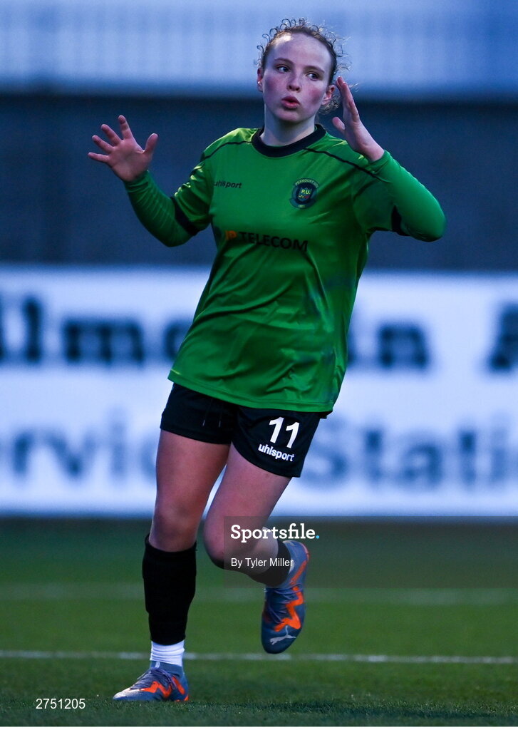 2 March 2024; Freya Healy of Peamount United reacts during the 2024 Women's President's Cup match between Athlone Town and Peamount United at Athlone Town Stadium in Athlone, Westmeath. Photo by Tyler Miller/Sportsfile
