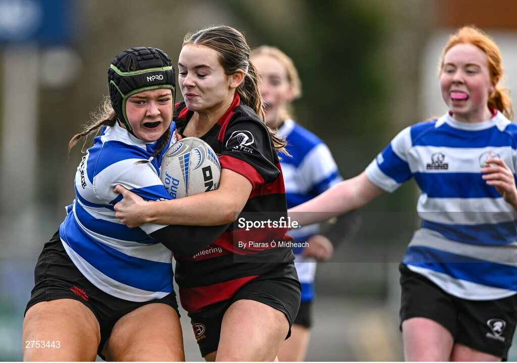 6 March 2024; Libby Kehoe of St Mary's New Ross is tackled by Mollie O'Leary of St Mary's Arklow during the Bank of Ireland Leinster Rugby Schools Girls’ Junior final match between St Mary's New Ross and St Mary's Arklow at Energia Park in Dublin. Photo by Piaras Ó Mídheach/Sportsfile