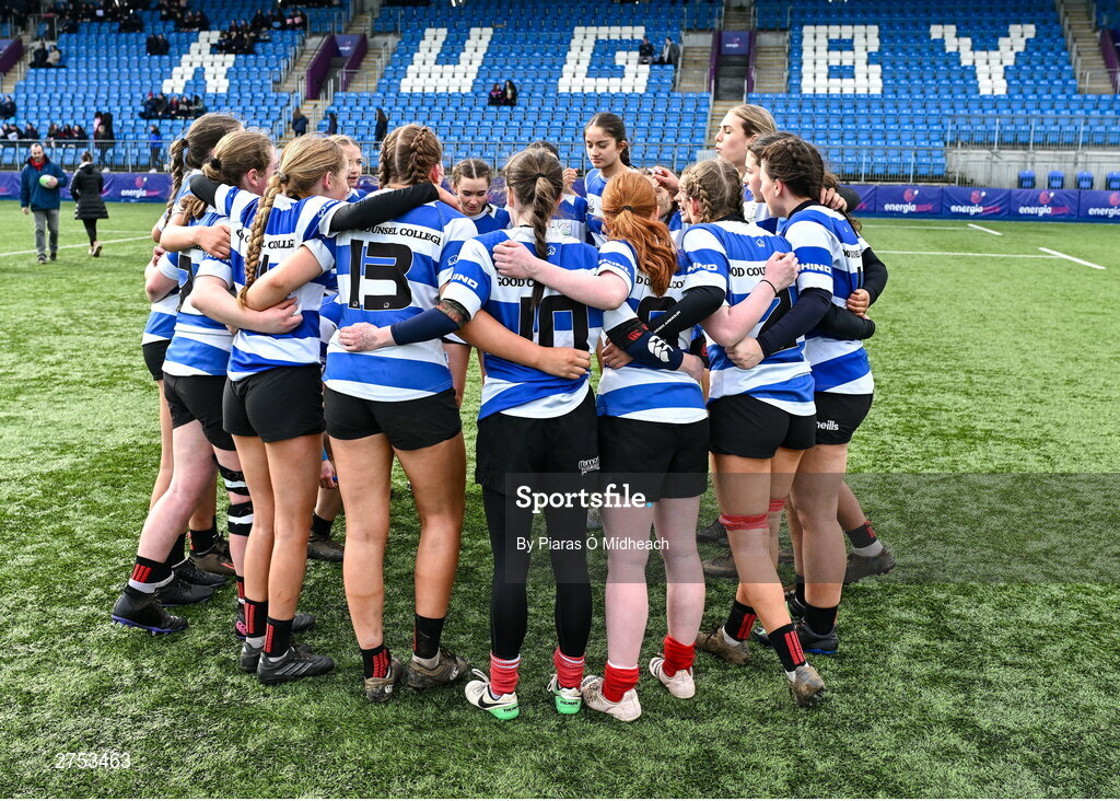6 March 2024; St Mary's New Ross players in a huddle before the Bank of Ireland Leinster Rugby Schools Girls’ Junior final match between St Mary's New Ross and St Mary's Arklow at Energia Park in Dublin. Photo by Piaras Ó Mídheach/Sportsfile
