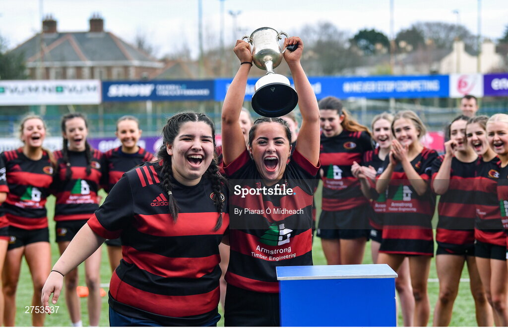 6 March 2024; St Mary's Arklow joint-captains Laragh O'Callaghan, left, and Aoibhe Merrigan celebrate after their side's victory in the Bank of Ireland Leinster Rugby Schools Girls’ Junior final match between St Mary's New Ross and St Mary's Arklow at Energia Park in Dublin. Photo by Piaras Ó Mídheach/Sportsfile