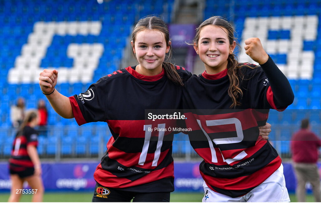 6 March 2024; St Mary's Arklow players Ruby Tracey, left, and Shyne Leonard celebrate after their side's victory in the Bank of Ireland Leinster Rugby Schools Girls’ Junior final match between St Mary's New Ross and St Mary's Arklow at Energia Park in Dublin. Photo by Piaras Ó Mídheach/Sportsfile