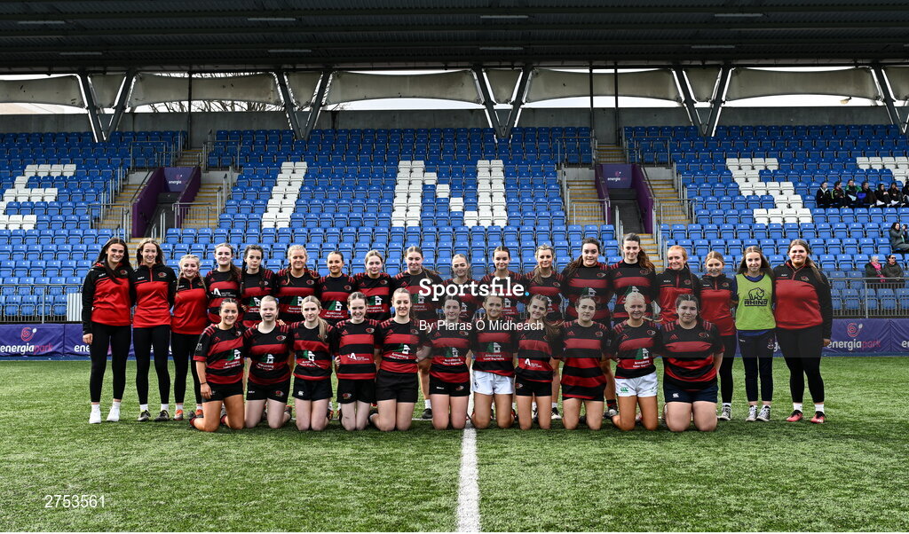 6 March 2024; The St Mary's Arklow squad before the Bank of Ireland Leinster Rugby Schools Girls’ Junior final match between St Mary's New Ross and St Mary's Arklow at Energia Park in Dublin. Photo by Piaras Ó Mídheach/Sportsfile