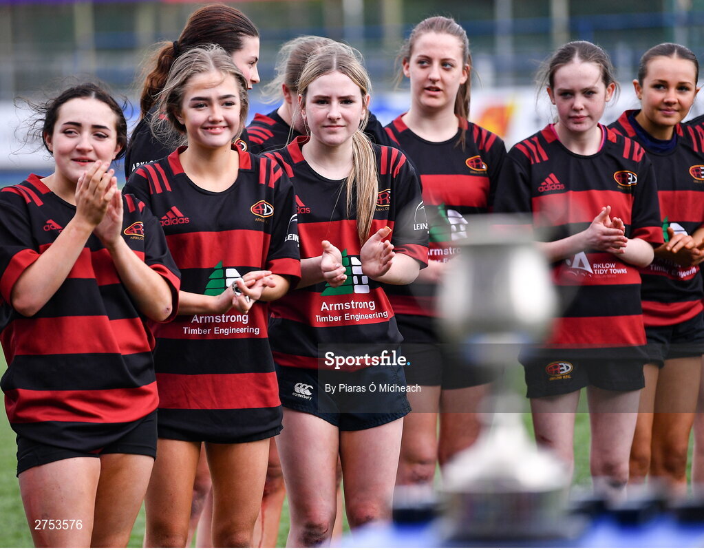 6 March 2024; St Mary's Arklow players after their side's victory in the Bank of Ireland Leinster Rugby Schools Girls’ Junior final match between St Mary's New Ross and St Mary's Arklow at Energia Park in Dublin. Photo by Piaras Ó Mídheach/Sportsfile