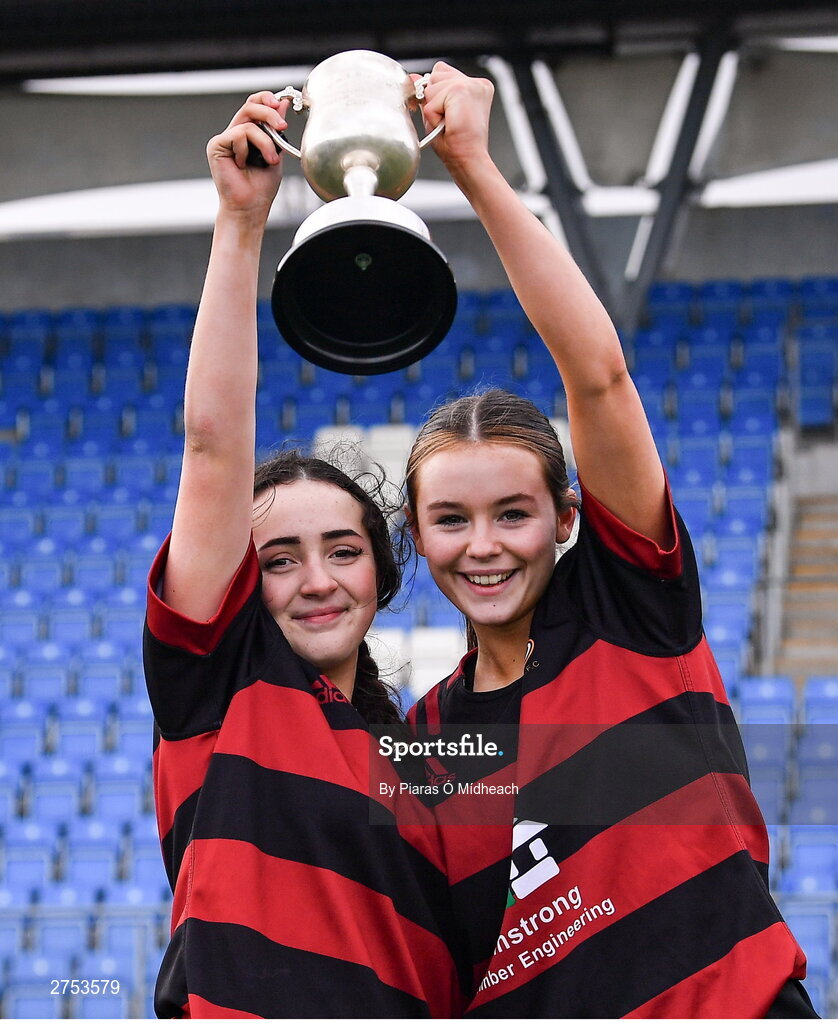 6 March 2024; St Mary's Arklow players Emma Gannon, left, and Ruby Tracey celebrate with the cup after their side's victory in the Bank of Ireland Leinster Rugby Schools Girls’ Junior final match between St Mary's New Ross and St Mary's Arklow at Energia Park in Dublin. Photo by Piaras Ó Mídheach/Sportsfile