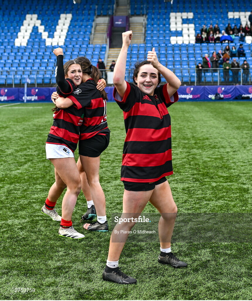 6 March 2024; Emma Gannon of St Mary's Arklow celebrates after her side's victory in the Bank of Ireland Leinster Rugby Schools Girls’ Junior final match between St Mary's New Ross and St Mary's Arklow at Energia Park in Dublin. Photo by Piaras Ó Mídheach/Sportsfile