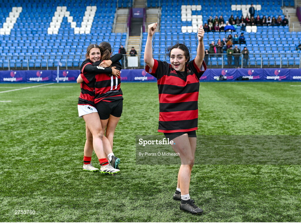 6 March 2024; Emma Gannon of St Mary's Arklow celebrates after her side's victory in the Bank of Ireland Leinster Rugby Schools Girls’ Junior final match between St Mary's New Ross and St Mary's Arklow at Energia Park in Dublin. Photo by Piaras Ó Mídheach/Sportsfile