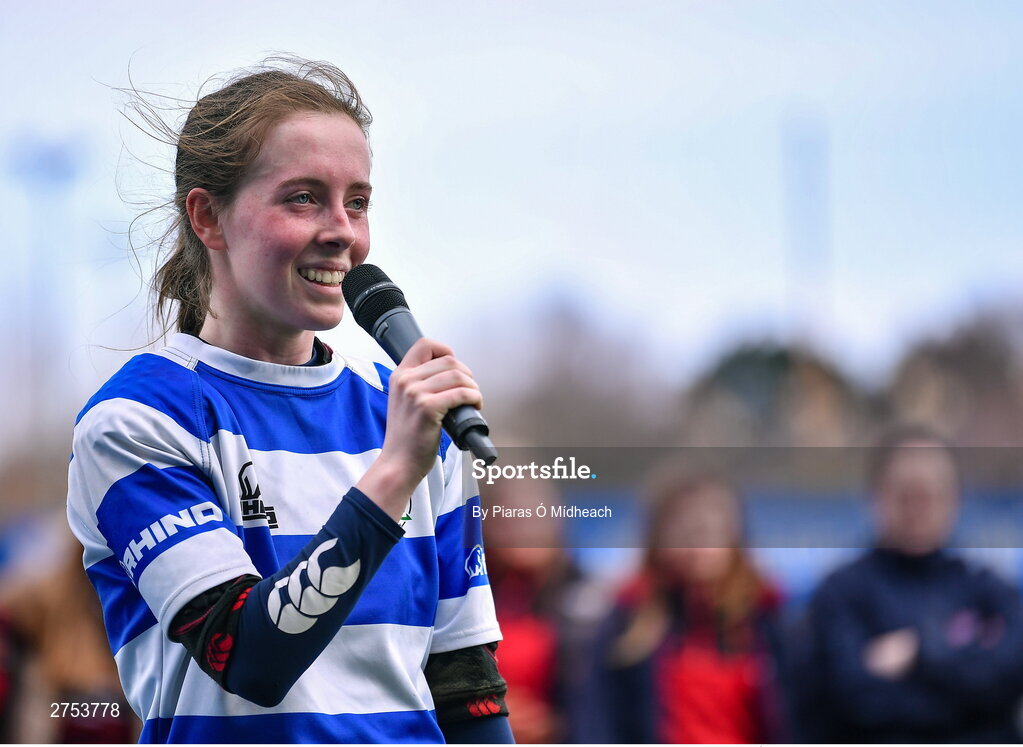 6 March 2024; St Mary's New Ross captain Jane Bolger makes a speech after her side's defeat in the Bank of Ireland Leinster Rugby Schools Girls’ Junior final match between St Mary's New Ross and St Mary's Arklow at Energia Park in Dublin. Photo by Piaras Ó Mídheach/Sportsfile