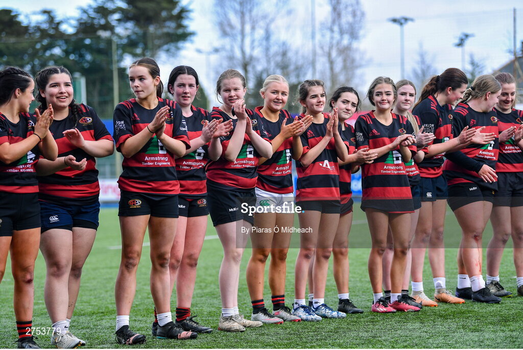 6 March 2024; St Mary's Arklow players after their side's victory in the Bank of Ireland Leinster Rugby Schools Girls’ Junior final match between St Mary's New Ross and St Mary's Arklow at Energia Park in Dublin. Photo by Piaras Ó Mídheach/Sportsfile