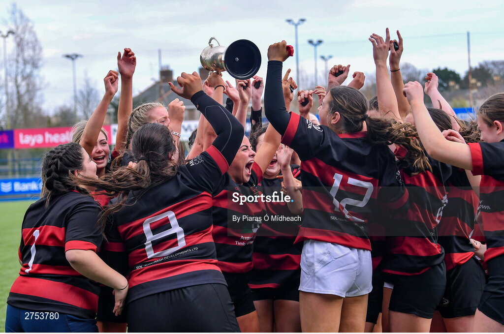 6 March 2024; St Mary's Arklow players celebrate after their side's victory in the Bank of Ireland Leinster Rugby Schools Girls’ Junior final match between St Mary's New Ross and St Mary's Arklow at Energia Park in Dublin. Photo by Piaras Ó Mídheach/Sportsfile