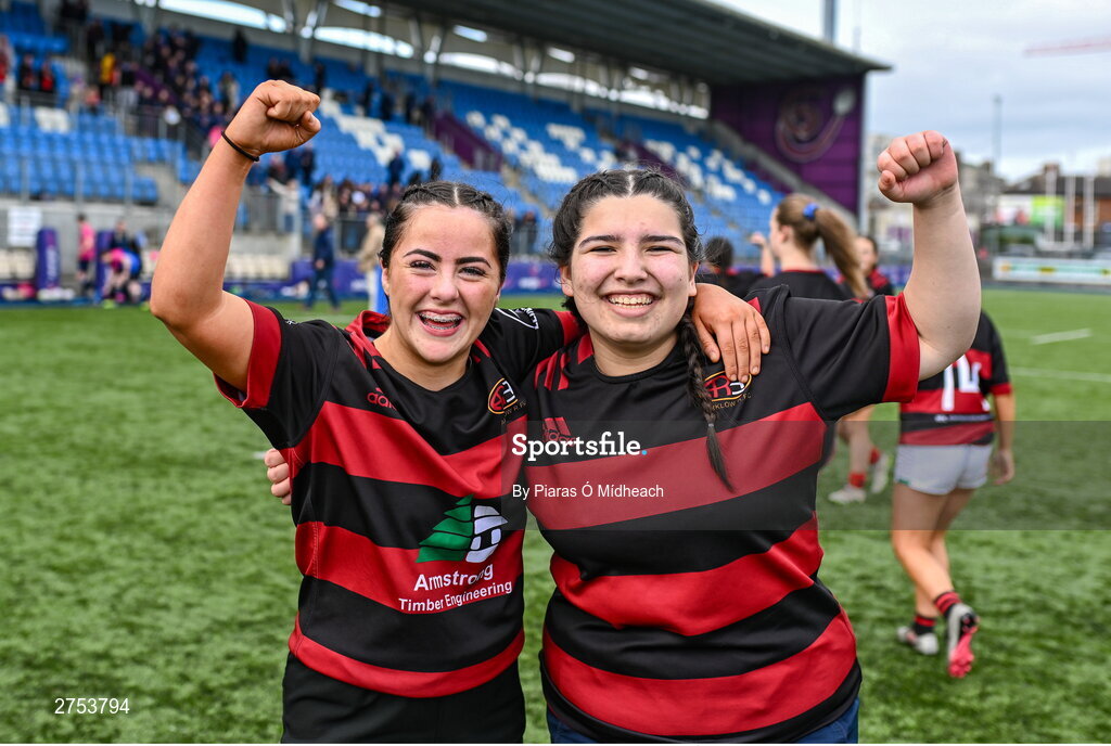 6 March 2024; St Mary's Arklow joint captains Aoibhe Merrigan, left, and Laragh O'Callaghan celebrate after their side's victory in the Bank of Ireland Leinster Rugby Schools Girls’ Junior final match between St Mary's New Ross and St Mary's Arklow at Energia Park in Dublin. Photo by Piaras Ó Mídheach/Sportsfile