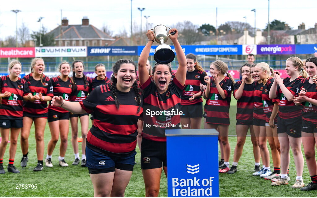 6 March 2024; St Mary's Arklow joint-captains Laragh O'Callaghan, left, and Aoibhe Merrigan celebrate after their side's victory in the Bank of Ireland Leinster Rugby Schools Girls’ Junior final match between St Mary's New Ross and St Mary's Arklow at Energia Park in Dublin. Photo by Piaras Ó Mídheach/Sportsfile