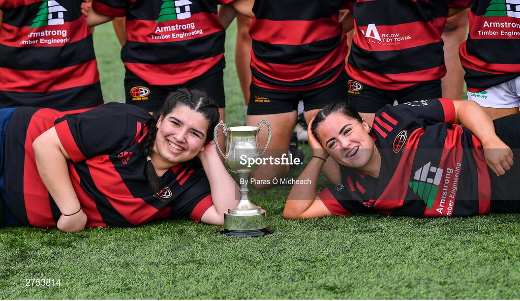 6 March 2024; 6 March 2024; St Mary's Arklow joint-captains Laragh O'Callaghan, left, and Aoibhe Merrigan celebrate with the cup after their side's victory in the Bank of Ireland Leinster Rugby Schools Girls’ Junior final match between St Mary's New Ross and St Mary's Arklow at Energia Park in Dublin. Photo by Piaras Ó Mídheach/Sportsfile