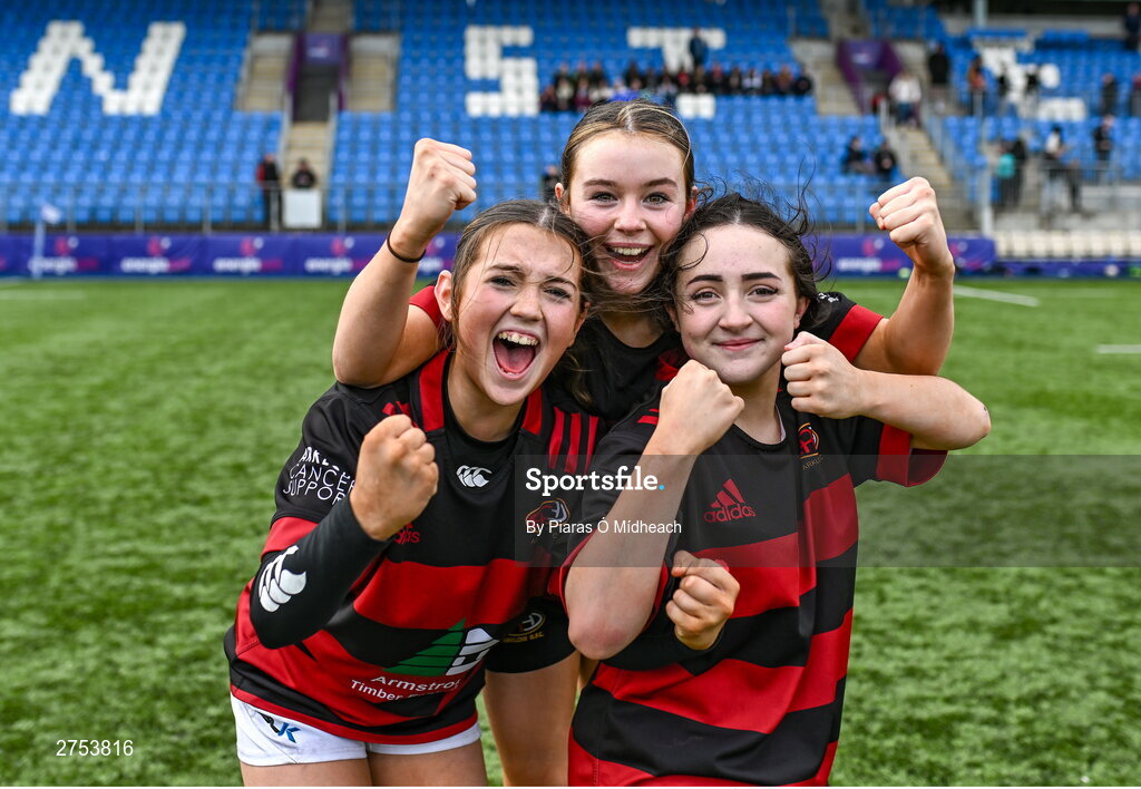 6 March 2024; St Mary's Arklow players, from left, Shyne Leonard, Ruby Tracey and Emma Gannon, celebrate after their side's victory in the Bank of Ireland Leinster Rugby Schools Girls’ Junior final match between St Mary's New Ross and St Mary's Arklow at Energia Park in Dublin. Photo by Piaras Ó Mídheach/Sportsfile