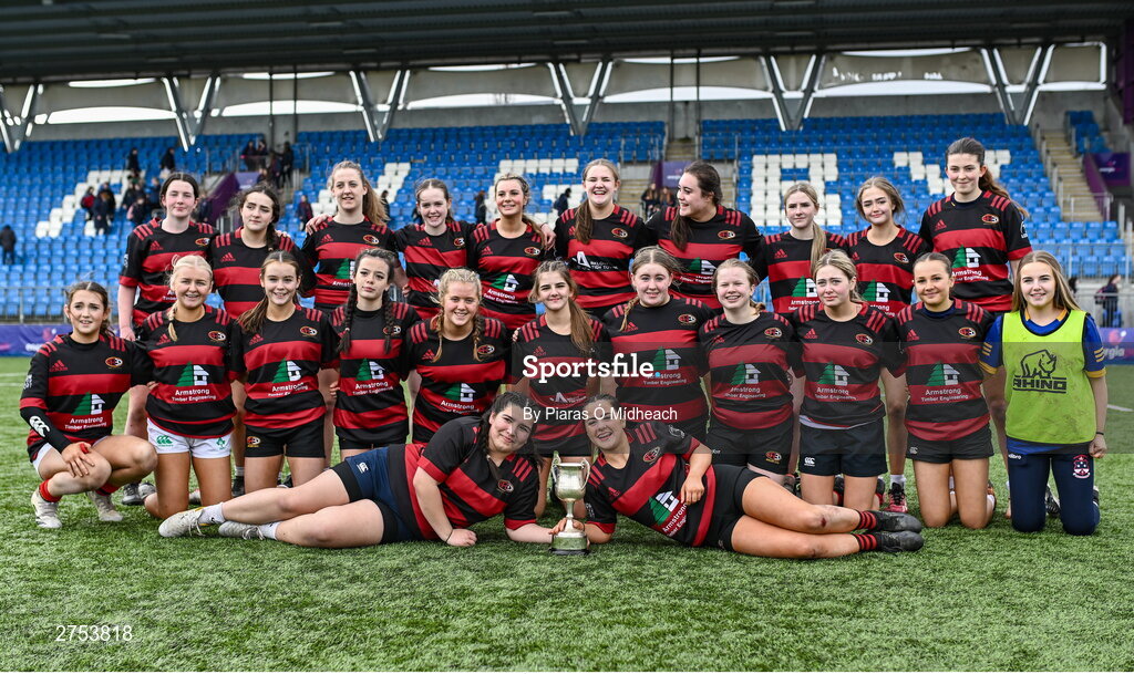 6 March 2024; The St Mary's Arklow squad celebrate after their victory in the Bank of Ireland Leinster Rugby Schools Girls’ Junior final match between St Mary's New Ross and St Mary's Arklow at Energia Park in Dublin. Photo by Piaras Ó Mídheach/Sportsfile