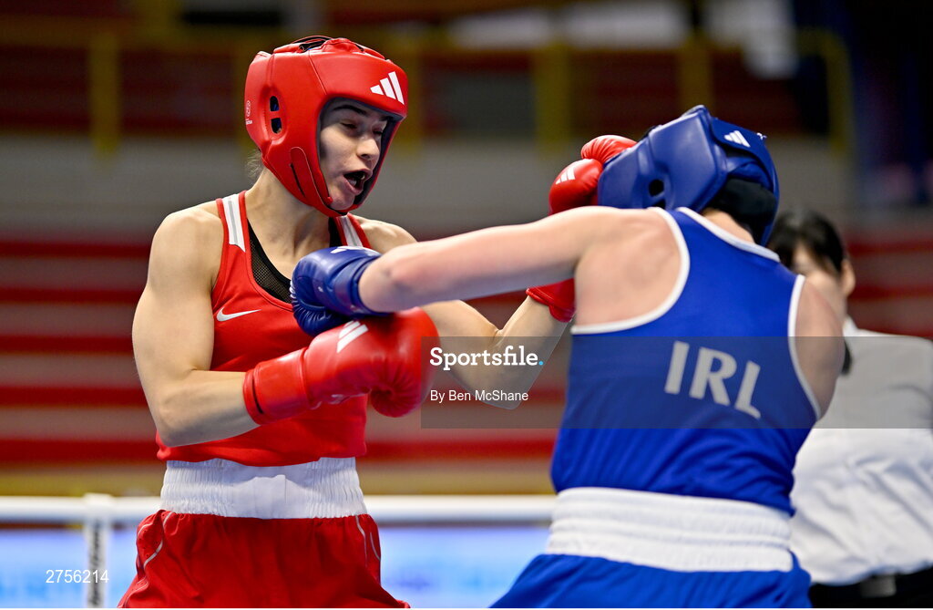 8 March 2024; Stefanie Von Berge of Germany, left, in action against Grainne Walsh of Ireland during their Women's 66kg Round of 32 bout against during day six at the Paris 2024 Olympic Boxing Qualification Tournament at E-Work Arena in Busto Arsizio, Italy. Photo by Ben McShane/Sportsfile