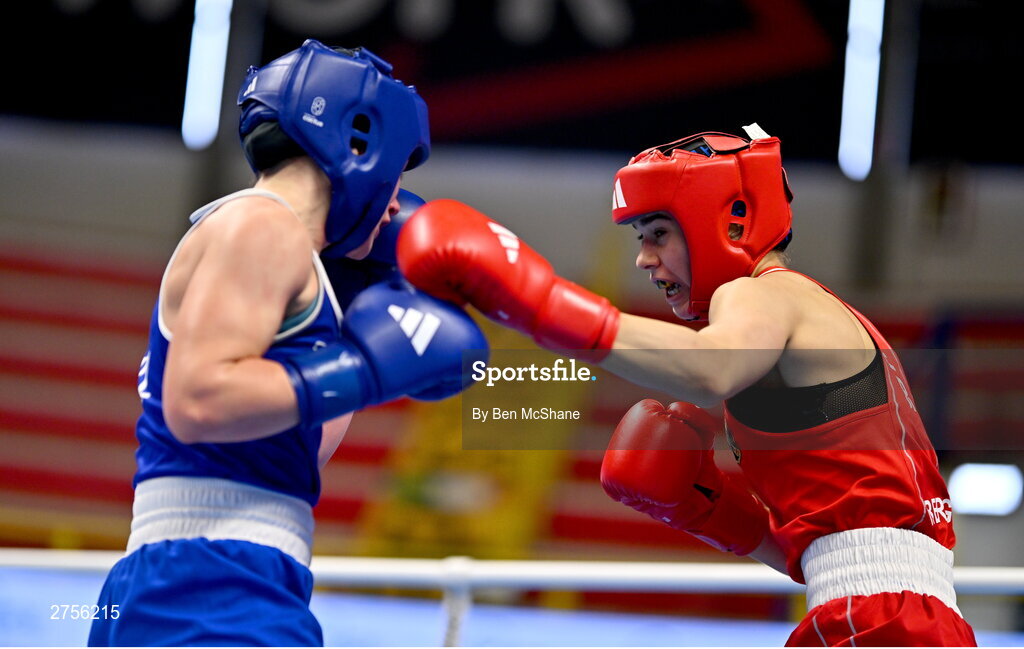 8 March 2024; Stefanie Von Berge of Germany, right, in action against Grainne Walsh of Ireland during their Women's 66kg Round of 32 bout against during day six at the Paris 2024 Olympic Boxing Qualification Tournament at E-Work Arena in Busto Arsizio, Italy. Photo by Ben McShane/Sportsfile