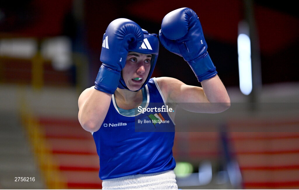 8 March 2024; Grainne Walsh of Ireland during her Women's 66kg Round of 32 bout against Stefanie Von Berge of Germany during day six at the Paris 2024 Olympic Boxing Qualification Tournament at E-Work Arena in Busto Arsizio, Italy. Photo by Ben McShane/Sportsfile