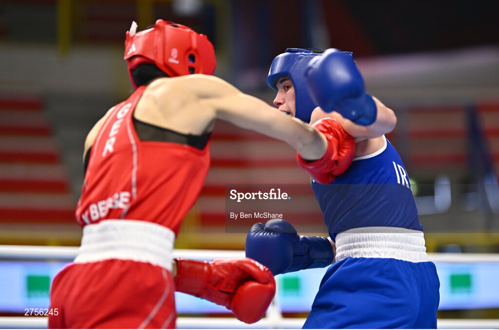 8 March 2024; Grainne Walsh of Ireland, right, in action against Stefanie Von Berge of Germany during their Women's 66kg Round of 32 bout against during day six at the Paris 2024 Olympic Boxing Qualification Tournament at E-Work Arena in Busto Arsizio, Italy. Photo by Ben McShane/Sportsfile