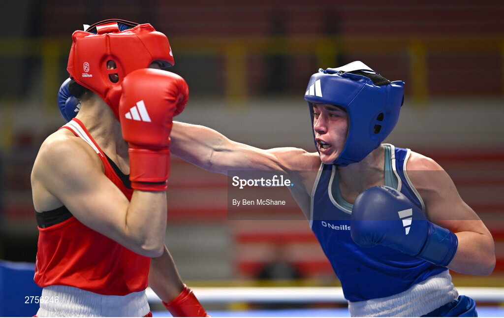 8 March 2024; Grainne Walsh of Ireland, right, in action against Stefanie Von Berge of Germany during their Women's 66kg Round of 32 bout against during day six at the Paris 2024 Olympic Boxing Qualification Tournament at E-Work Arena in Busto Arsizio, Italy. Photo by Ben McShane/Sportsfile