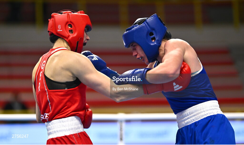 8 March 2024; Grainne Walsh of Ireland, right, in action against Stefanie Von Berge of Germany during their Women's 66kg Round of 32 bout against during day six at the Paris 2024 Olympic Boxing Qualification Tournament at E-Work Arena in Busto Arsizio, Italy. Photo by Ben McShane/Sportsfile
