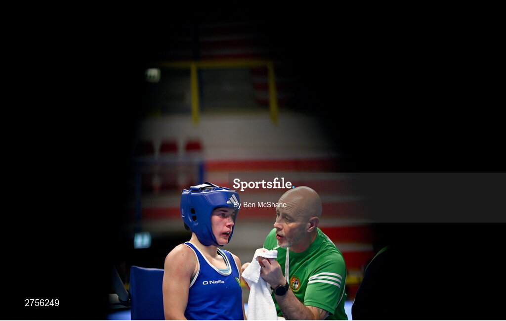 8 March 2024; Grainne Walsh of Ireland speaks with coach Damian Kennedy during her Women's 66kg Round of 32 bout against Stefanie Von Berge of Germany during day six at the Paris 2024 Olympic Boxing Qualification Tournament at E-Work Arena in Busto Arsizio, Italy. Photo by Ben McShane/Sportsfile