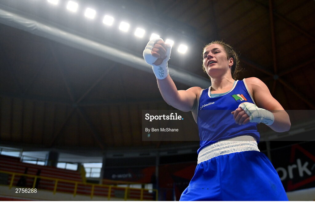 8 March 2024; Grainne Walsh of Ireland celebrates after victory in her Women's 66kg Round of 32 bout against Stefanie Von Berge of Germany during day six at the Paris 2024 Olympic Boxing Qualification Tournament at E-Work Arena in Busto Arsizio, Italy. Photo by Ben McShane/Sportsfile