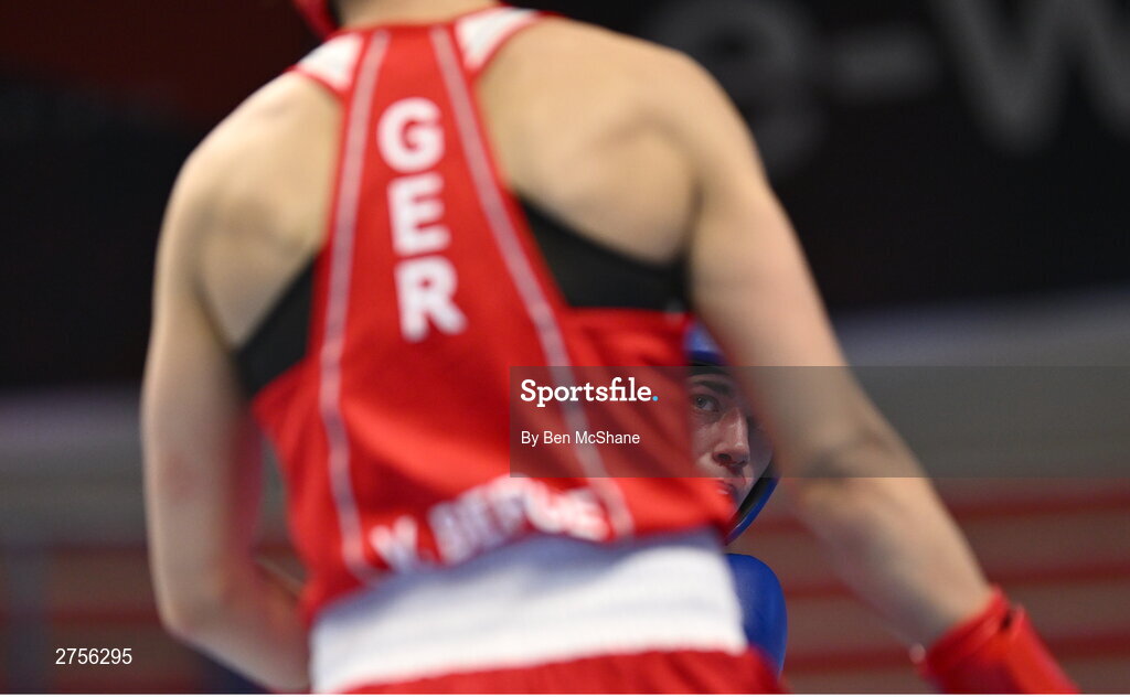 8 March 2024; Grainne Walsh of Ireland, right, in action against Stefanie Von Berge of Germany during their Women's 66kg Round of 32 bout against during day six at the Paris 2024 Olympic Boxing Qualification Tournament at E-Work Arena in Busto Arsizio, Italy. Photo by Ben McShane/Sportsfile