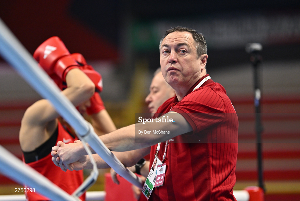 8 March 2024; Germany coach Eddie Bolger, right, during day six at the Paris 2024 Olympic Boxing Qualification Tournament at E-Work Arena in Busto Arsizio, Italy. Photo by Ben McShane/Sportsfile