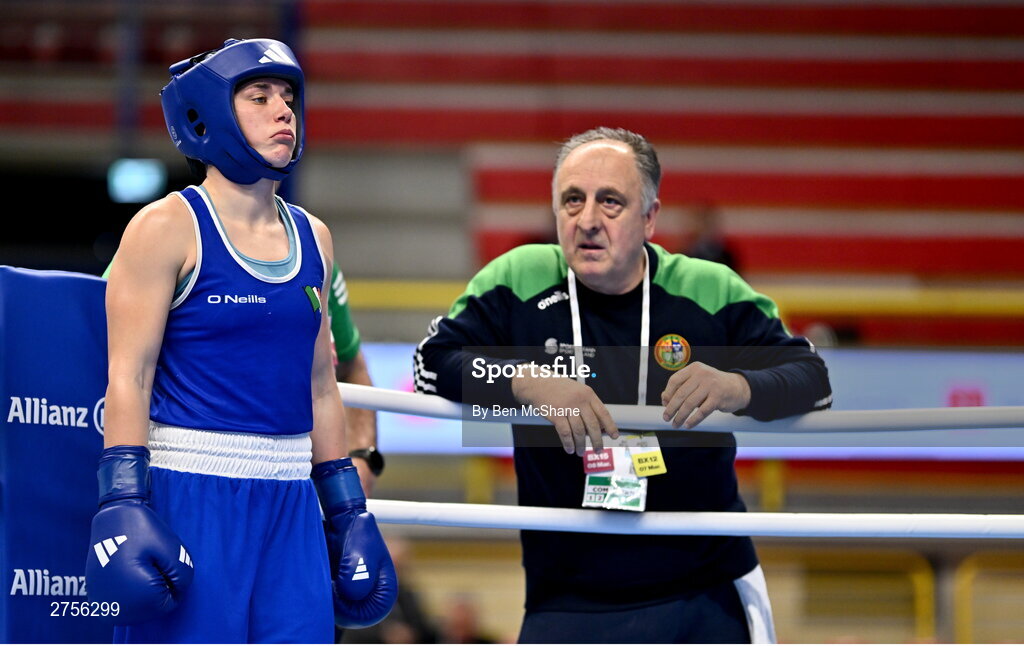 8 March 2024; Grainne Walsh of Ireland and coach Zaur Antia before her Women's 66kg Round of 32 bout against Stefanie Von Berge of Germany during day six at the Paris 2024 Olympic Boxing Qualification Tournament at E-Work Arena in Busto Arsizio, Italy. Photo by Ben McShane/Sportsfile