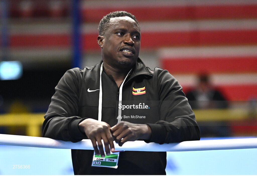 8 March 2024; Uganda coach Twaib Mayanja during day six at the Paris 2024 Olympic Boxing Qualification Tournament at E-Work Arena in Busto Arsizio, Italy. Photo by Ben McShane/Sportsfile