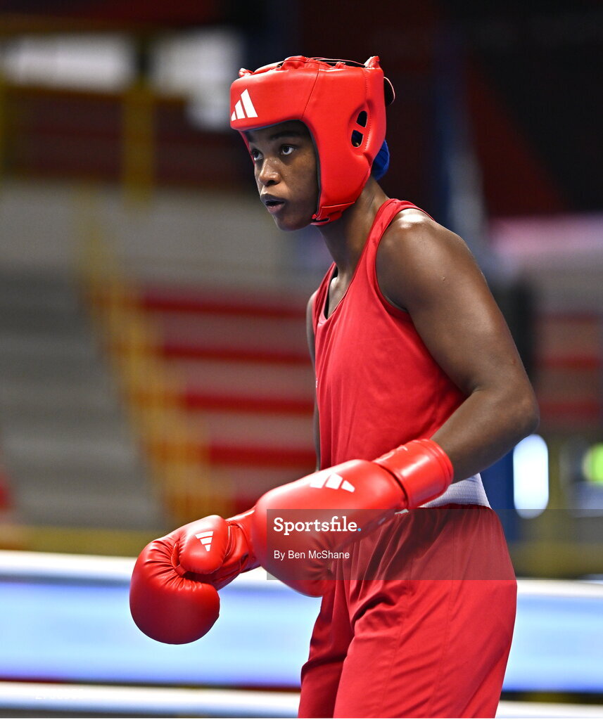8 March 2024; Ivanusa Moreira of Cabo Verde during their Women's 66kg Round of 32 bout against Emily Tinah Nakalema of Uganda during day six at the Paris 2024 Olympic Boxing Qualification Tournament at E-Work Arena in Busto Arsizio, Italy. Photo by Ben McShane/Sportsfile