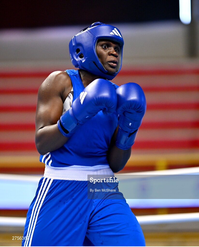 8 March 2024; Emily Tinah Nakalema of Uganda during their Women's 66kg Round of 32 bout against Ivanusa Moreira of Cabo Verde during day six at the Paris 2024 Olympic Boxing Qualification Tournament at E-Work Arena in Busto Arsizio, Italy. Photo by Ben McShane/Sportsfile