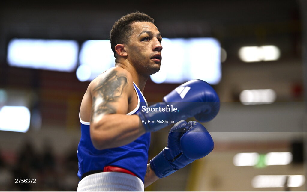 8 March 2024; Kelyn Cassidy of Ireland during his Men's 80kg Round of 32 bout against Wyatt Trujillo of Guatemala during day six at the Paris 2024 Olympic Boxing Qualification Tournament at E-Work Arena in Busto Arsizio, Italy. Photo by Ben McShane/Sportsfile