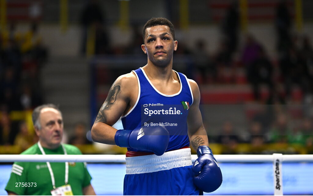 8 March 2024; Kelyn Cassidy of Ireland before his Men's 80kg Round of 32 bout against Wyatt Trujillo of Guatemala during day six at the Paris 2024 Olympic Boxing Qualification Tournament at E-Work Arena in Busto Arsizio, Italy. Photo by Ben McShane/Sportsfile