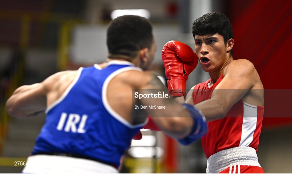 8 March 2024; Kelyn Cassidy of Ireland, left, in action against Wyatt Trujillo of Guatemala during their Men's 80kg Round of 32 bout during day six at the Paris 2024 Olympic Boxing Qualification Tournament at E-Work Arena in Busto Arsizio, Italy. Photo by Ben McShane/Sportsfile