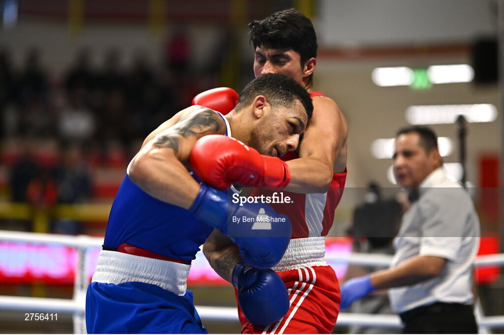 8 March 2024; Kelyn Cassidy of Ireland, left, in action against Wyatt Trujillo of Guatemala during their Men's 80kg Round of 32 bout during day six at the Paris 2024 Olympic Boxing Qualification Tournament at E-Work Arena in Busto Arsizio, Italy. Photo by Ben McShane/Sportsfile