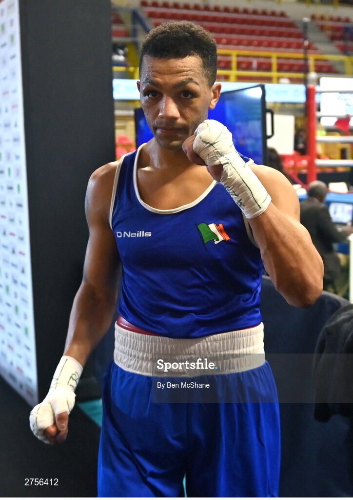 8 March 2024; Kelyn Cassidy of Ireland celebrates after victory over Wyatt Trujillo of Guatemala in their Men's 80kg Round of 32 bout during day six at the Paris 2024 Olympic Boxing Qualification Tournament at E-Work Arena in Busto Arsizio, Italy. Photo by Ben McShane/Sportsfile