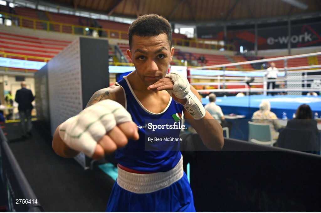 8 March 2024; Kelyn Cassidy of Ireland celebrates after victory over Wyatt Trujillo of Guatemala in their Men's 80kg Round of 32 bout during day six at the Paris 2024 Olympic Boxing Qualification Tournament at E-Work Arena in Busto Arsizio, Italy. Photo by Ben McShane/Sportsfile