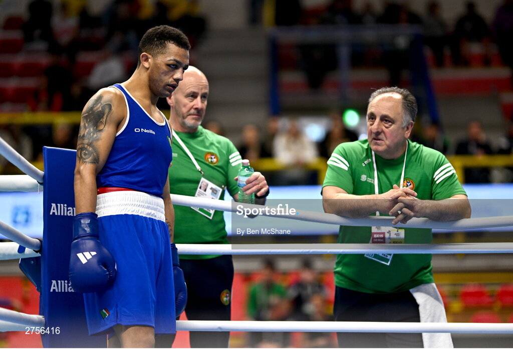 8 March 2024; Kelyn Cassidy of Ireland with coaches Damian Kennedy, centre, and Zaur Antia before his Men's 80kg Round of 32 bout against Wyatt Trujillo of Guatemala during day six at the Paris 2024 Olympic Boxing Qualification Tournament at E-Work Arena in Busto Arsizio, Italy. Photo by Ben McShane/Sportsfile