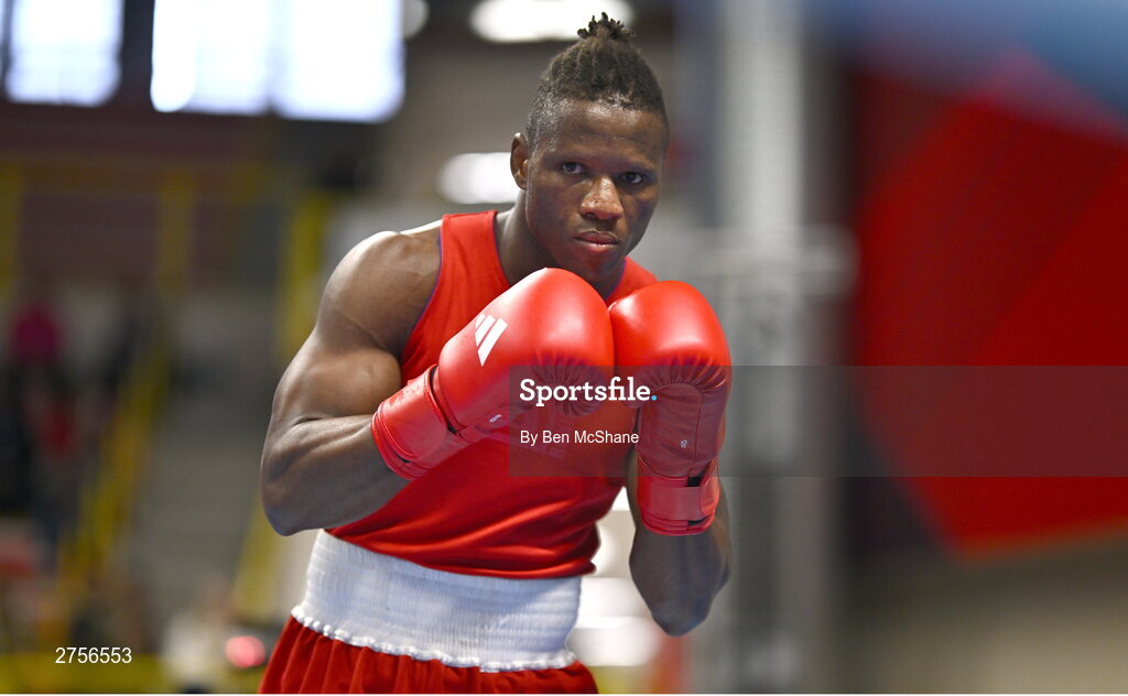 8 March 2024; Prewa Padabadi of Togo before their Men's 80kg Round of 32 bout against Nurbek Oralbay of Kazakhstan during day six at the Paris 2024 Olympic Boxing Qualification Tournament at E-Work Arena in Busto Arsizio, Italy. Photo by Ben McShane/Sportsfile