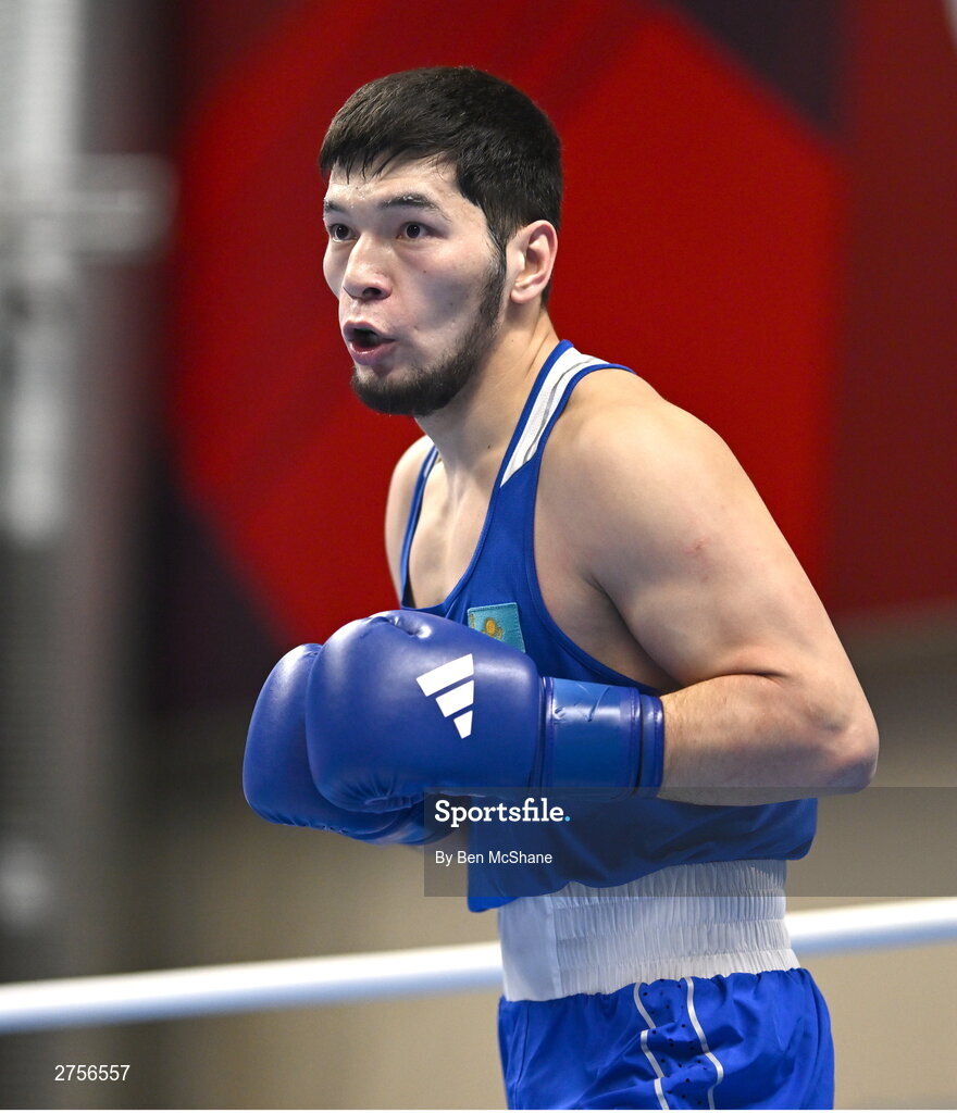 8 March 2024; Nurbek Oralbay of Kazakhstan during their Men's 80kg Round of 32 bout against Prewa Padabadi of Togo during day six at the Paris 2024 Olympic Boxing Qualification Tournament at E-Work Arena in Busto Arsizio, Italy. Photo by Ben McShane/Sportsfile
