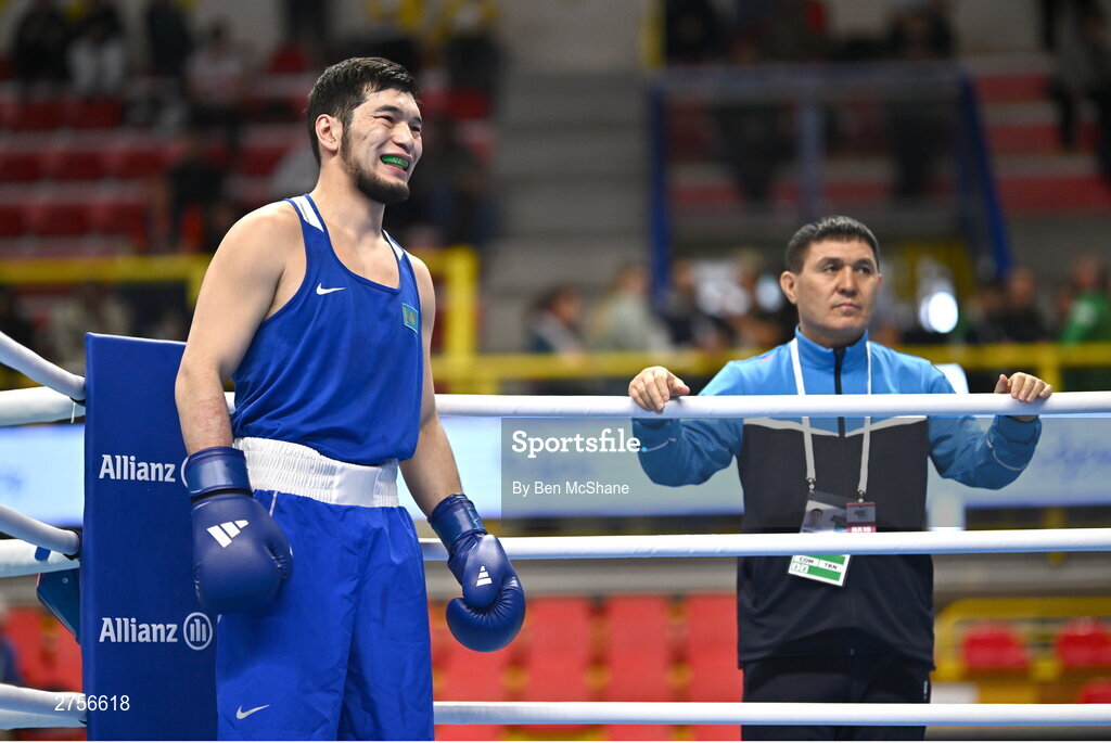 8 March 2024; Nurbek Oralbay of Kazakhstan with Kazakhstan coach Myrzagali Aitzhanov before their Men's 80kg Round of 32 bout against Prewa Padabadi of Togo during day six at the Paris 2024 Olympic Boxing Qualification Tournament at E-Work Arena in Busto Arsizio, Italy. Photo by Ben McShane/Sportsfile