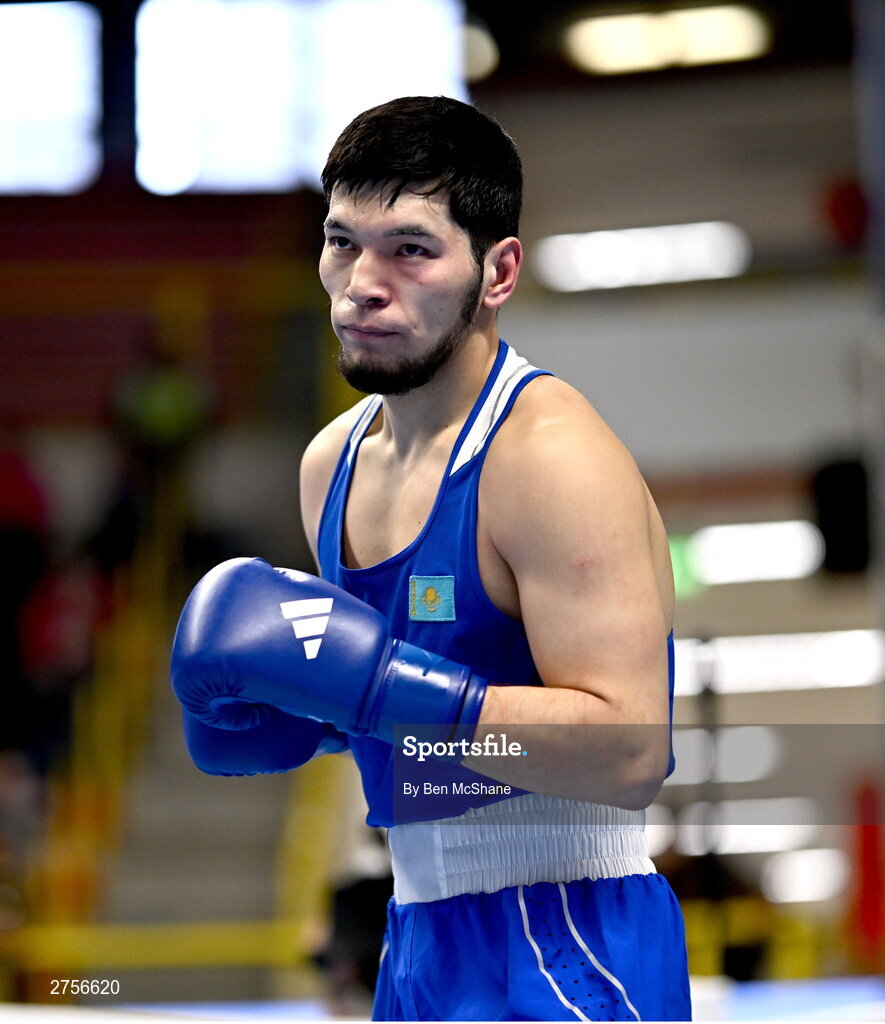 8 March 2024; Nurbek Oralbay of Kazakhstan during their Men's 80kg Round of 32 bout against Prewa Padabadi of Togo during day six at the Paris 2024 Olympic Boxing Qualification Tournament at E-Work Arena in Busto Arsizio, Italy. Photo by Ben McShane/Sportsfile
