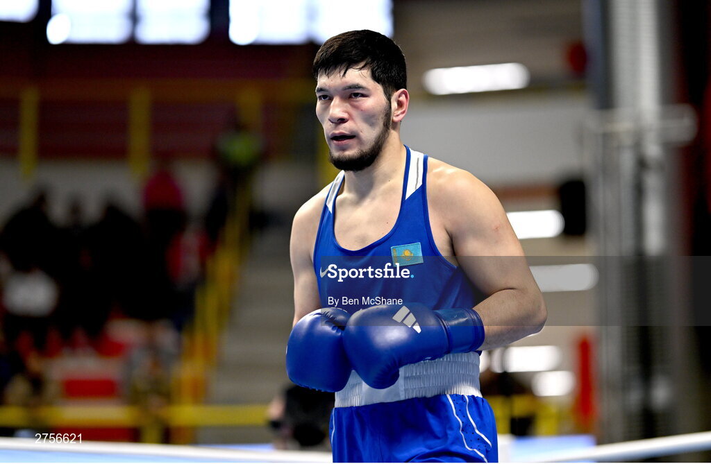 8 March 2024; Nurbek Oralbay of Kazakhstan during their Men's 80kg Round of 32 bout against Prewa Padabadi of Togo during day six at the Paris 2024 Olympic Boxing Qualification Tournament at E-Work Arena in Busto Arsizio, Italy. Photo by Ben McShane/Sportsfile