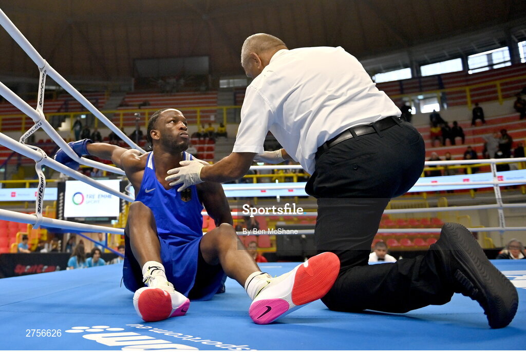 8 March 2024; Kevin Boakye Schumann of Germany reacts after being knocked out by Aliaksei Alfiorau of Individual Neutral Athletes in their Men's 80kg Round of 32 bout during day six at the Paris 2024 Olympic Boxing Qualification Tournament at E-Work Arena in Busto Arsizio, Italy. Photo by Ben McShane/Sportsfile