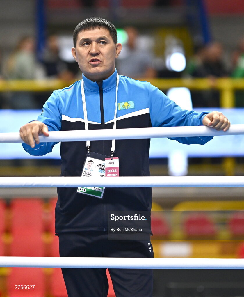 8 March 2024; Kazakhstan coach Myrzagali Aitzhanov during day six at the Paris 2024 Olympic Boxing Qualification Tournament at E-Work Arena in Busto Arsizio, Italy. Photo by Ben McShane/Sportsfile