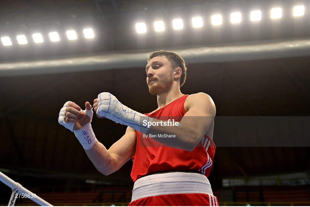 8 March 2024; Aliaksei Alfiorau of Individual Neutral Athletes after winning their Men's 80kg Round of 32 bout against Kevin Boakye Schumann of Germany during day six at the Paris 2024 Olympic Boxing Qualification Tournament at E-Work Arena in Busto Arsizio, Italy. Photo by Ben McShane/Sportsfile