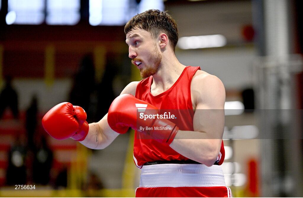 8 March 2024; Aliaksei Alfiorau of Individual Neutral Athletes during their Men's 80kg Round of 32 bout against Kevin Boakye Schumann of Germany during day six at the Paris 2024 Olympic Boxing Qualification Tournament at E-Work Arena in Busto Arsizio, Italy. Photo by Ben McShane/Sportsfile
